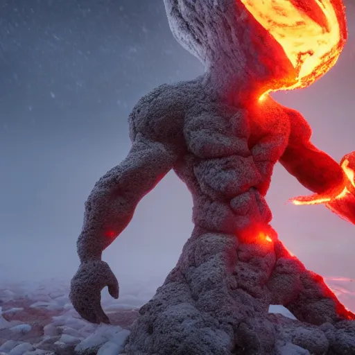 Image similar to a lava man on a winter biome outraging to the camera, cinematic, artistic, cool pose, heatwave, fantasy, hyper realism, behance, artstation, unreal engine 5, octane, deviantart