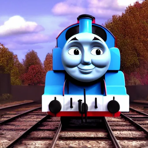 Image similar to the most smug looking Thomas the tank, rendered in redshift