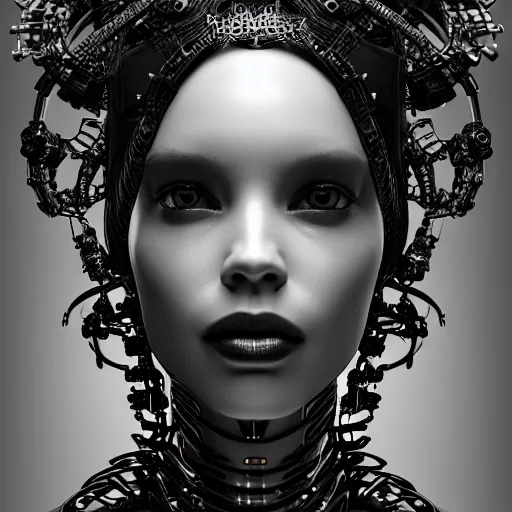 Prompt: portrait of an absurdly beautiful, graceful, sophisticated, fashionable black cyberpunk mechanoid gravure idol, hyperdetailed illustration by irakli nadar, matt wisniewski style, intricate linework, dark black skin, jellyfish headdress, bone necklace, unreal engine 5 highly rendered, global illumination, radiant light, detailed and intricate environment