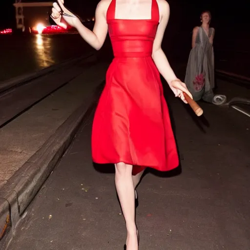 Prompt: Emma Watson wearing a red party dress and holding a cigar in one hand, high quality photograph in a night club