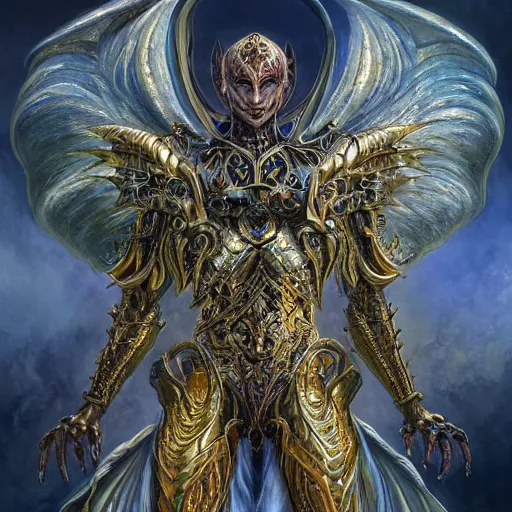 Image similar to a scary symmetrical muscular full body wearing a dragon armor with wings made of golden ornaments and gems, by alex gray and android jones , Karol Bak, Ayami Kojima, Amano , concept art, character design, fantasy,3D, 8k resolution