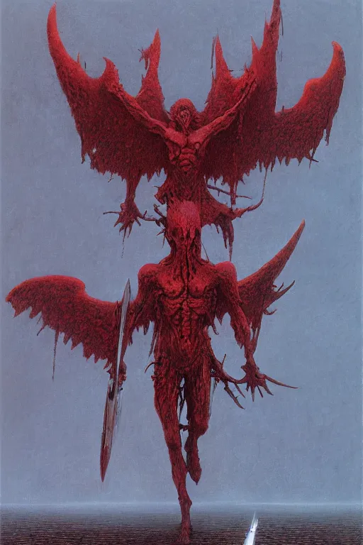 Prompt: red angel of wrath in hell, dark fantasy, Warhammer, artstation painted by Zdislav Beksinski and Wayne Barlowe