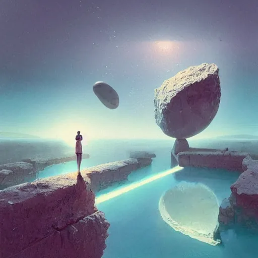 Image similar to Filip Hodas, minimalistic, hyperrealistic surrealism, award winning masterpiece with incredible details, epic stunning, infinity pool, a surreal vaporwave liminal space, highly detailed, trending on ArtStation, artgerm and greg rutkowski and alphonse mucha, daily deviation, IAMAG, broken giant marble head statue ruins, nightscape, milkyway