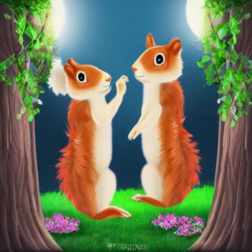 Image similar to cute furry squirrels dancing and cleaning moonlight and flowers