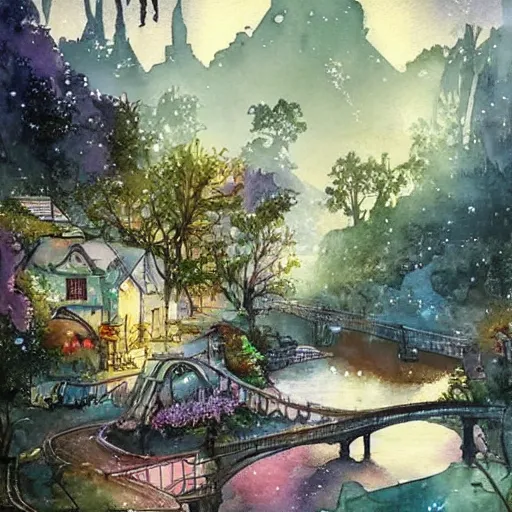 Image similar to Beautiful happy picturesque charming sci-fi village in harmony with nature. Beautiful light. Water and plants. Nice colour scheme, soft warm colour. Beautiful detailed watercolor by Lurid. (2022)