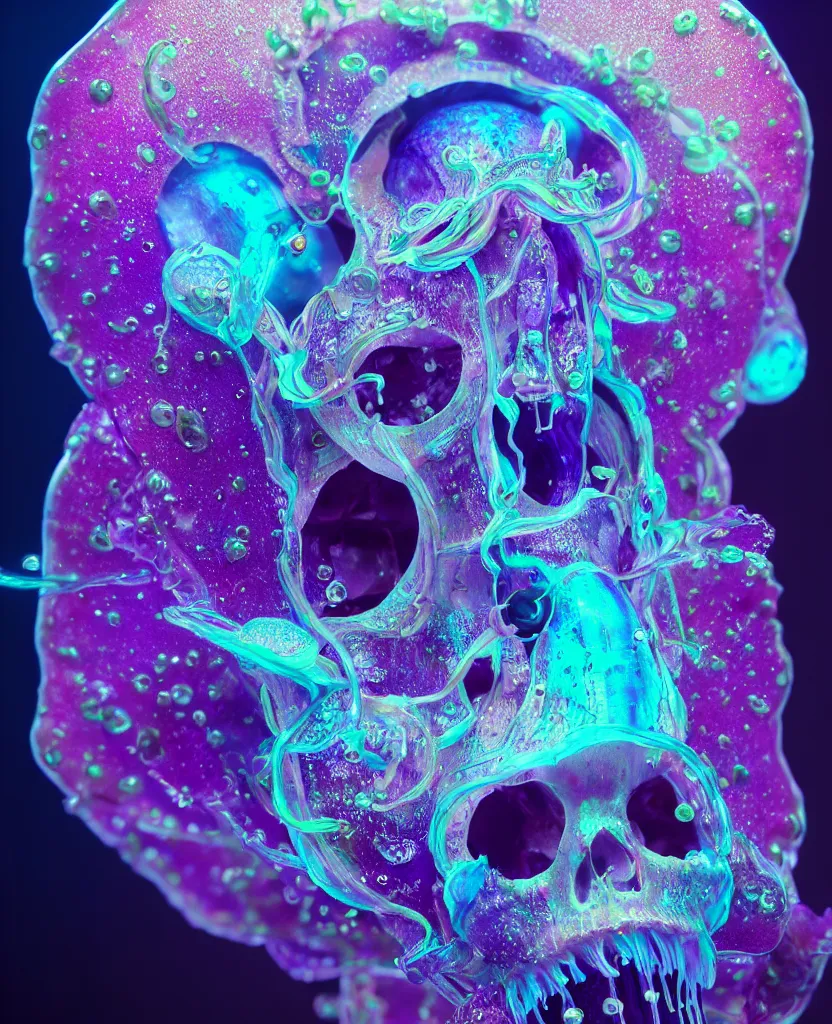 Image similar to close-up portrait of skull dichroic orchid jellyfish skull, betta fish, bioluminiscent creatures, intricate artwork by Tooth Wu and wlop and beeple. octane render, trending on artstation, greg rutkowski very coherent symmetrical artwork. cinematic, hyper realism, high detail, octane render, 8k