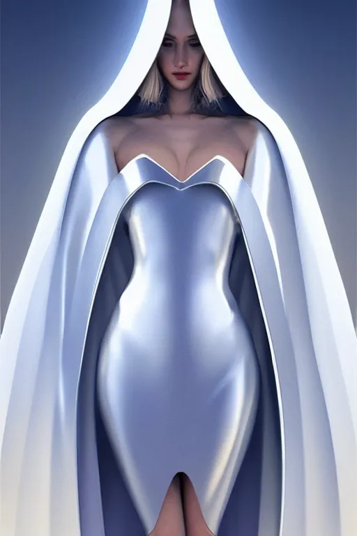Image similar to detailed beautiful noun in opened white gold blue coat, seductive confident pose, attractive feminine curves, intricate details, futuristic, alien, elegant cape, elegant, photorealism, trending on artstation, holy halo, advanced technology, art by moebius and vitaly bulgarov and chanthara
