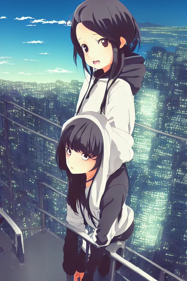 Prompt: anime visual, portrait of a young black haired girl wearing hoodie sightseeing above the city, guardrail, cute face by yoh yoshinari, katsura masakazu, dramatic lighting, dynamic pose, dynamic perspective, strong silhouette, ilya kuvshinov, anime cels, rounded eyes, moody