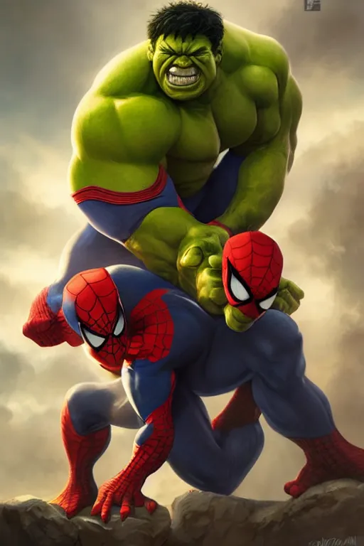 Image similar to characters portrait of Hulk mixed with Spiderman by ArtGerm and Tom Bagshaw, merged character, Full body shot, cinematic opening shot, 4k, highly detailed, cinematic lighting