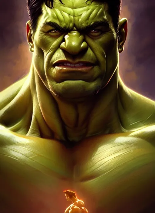 Image similar to Portrait of The Hulk, D&D, muscular, fantasy, intricate, elegant, highly detailed, digital painting, artstation, concept art, smooth, sharp focus, illustration, art by artgerm and greg rutkowski and alphonse mucha