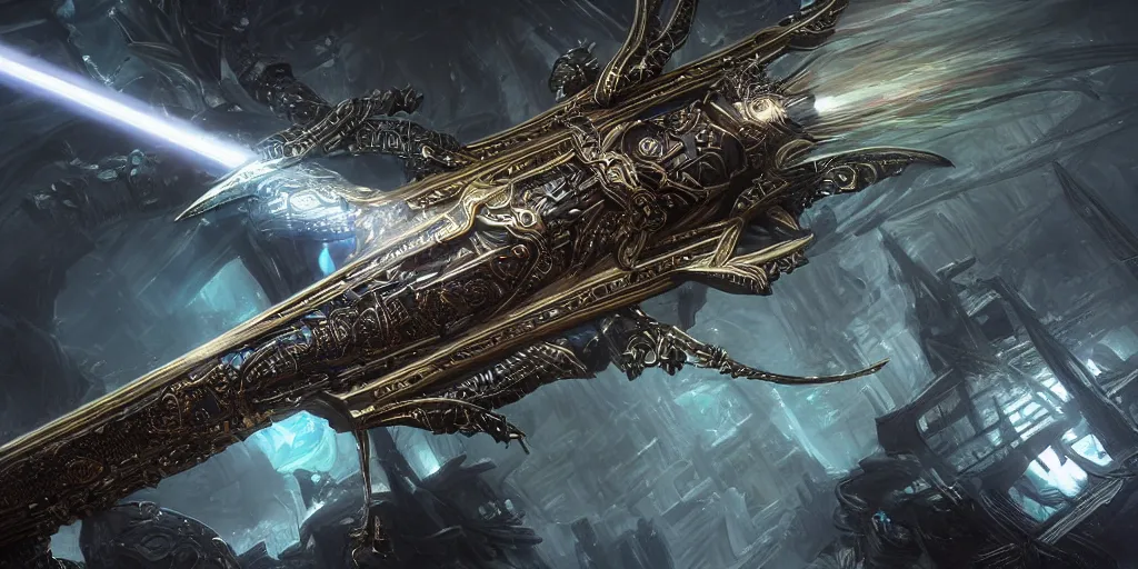 Image similar to legendary cybernetic full long sharp sword lying flat on a glowing table with a black and iridescent sword blade, digital award winning hd matte painting, intimate dark moody, intricate, ornate spikes, colorful gems on hilt, detailed realistic raytraced blade, future golden technological pommel, in the style of greg rutkowski and krenz cushart, deviantart