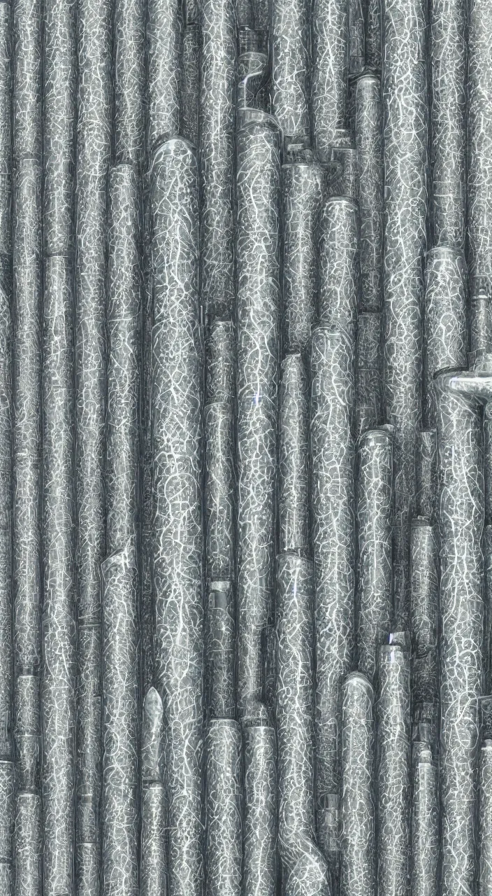 Prompt: a vertical arrangement of glazed ceramic pipes in the shape of vocal tracts emerging from earth ejecting a pattern of cymatic jet streams of vapour, tree texture, highly detailed, 8 k, octane, frontal view