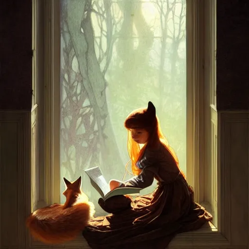 Prompt: Portrait of a girl and a fox in a cozy windowed study, reading a book while light streams in through the skylight, fantasy, intricate, elegant, highly detailed, digital painting, artstation, concept art, smooth, sharp focus, illustration, art by Krenz Cushart and Artem Demura and alphonse mucha