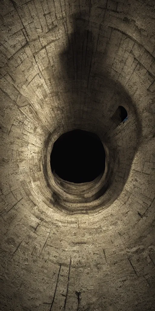 Image similar to a vertical prison in a pit with a hole in the center. dark style, cinematic lighting, side view