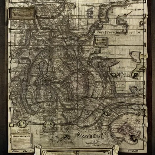 Image similar to an ancient subway map, ripping paper, burnt, high fantasy, ultra detailed