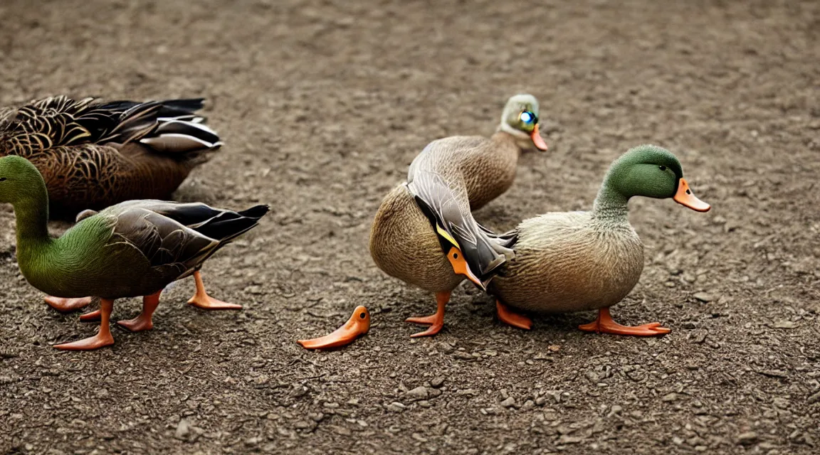 Prompt: a duck and a worm being best friends, photo realistic, professional photo, by Steve McCurry