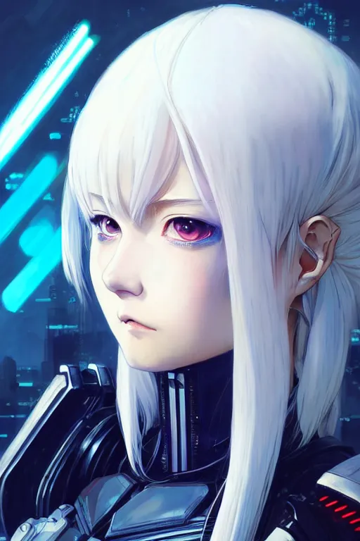 Image similar to portrait Anime girl in cyberpunk armor, cute-fine-face, white-hair pretty face, realistic shaded Perfect face, fine details. Anime. realistic shaded lighting by Ilya Kuvshinov katsuhiro otomo ghost-in-the-shell, magali villeneuve, artgerm, rutkowski, WLOP Jeremy Lipkin and Giuseppe Dangelico Pino and Michael Garmash and Rob Rey