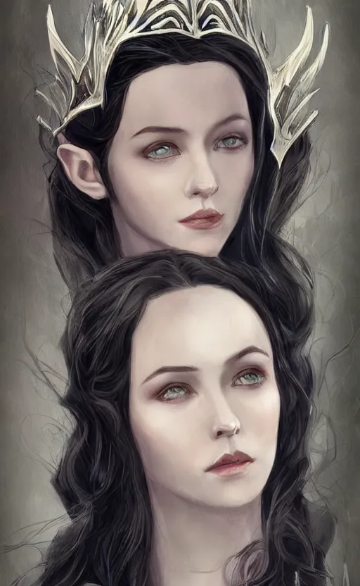 Image similar to luthien, princess of doriath, fairest maiden to have ever lived, stunningly beautiful, black hair, elven, beautiful eyes, portrait, artstation, wonderful lighning