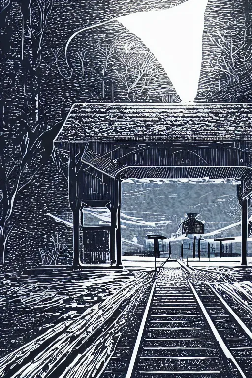 Prompt: a beautiful reduction linocut print on mulberry paper of a victorian station platform, 8 k, frostbite 3 engine, cryengine, dof, trending on artstation, digital art, crepuscular ray, by gail brodholt