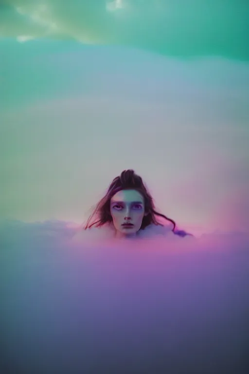 Image similar to high quality pastel coloured film close up wide angle photograph of a model wearing clothing swimming on cloud furniture in a icelandic black rock!! environment in a partially haze filled dreamstate world. three point light, rainbow. photographic production. art directed. pastel colours. volumetric clouds. pastel gradient overlay. waves glitch artefacts. extreme facial clarity. 8 k. filmic.