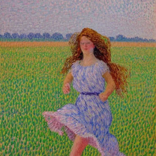 Image similar to an impressionist oil painting of girl with long hair in a white long dress running on the field in a foggy weather by paul signac