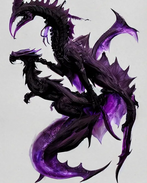 Prompt: concept art of a black dragon with purple neon wings, highly detailed painting by dustin nguyen, akihiko yoshida, greg tocchini, 4 k, trending on artstation, 8 k
