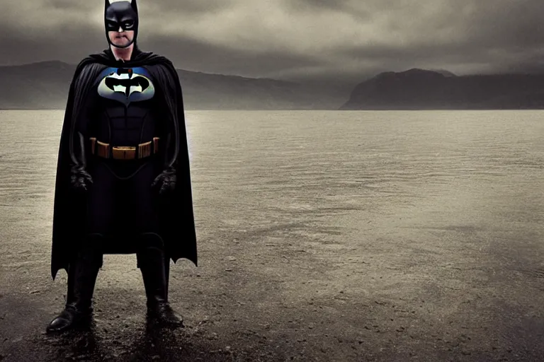 Image similar to a cinematic painting of ricky gervais as batman near a lake on a rainy day, beautiful lighting, high depth, ultra realistic, artistic, by annie leibovitz