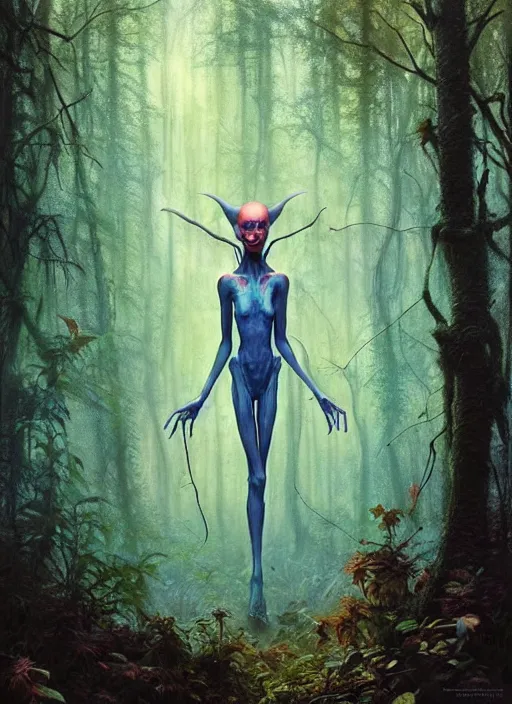 Image similar to hyper realistic magic alien in the woods in a river gorgeous lighting, lush forest foliage blue sky a hyper realistic painting by chiara bautista and beksinski and norman rockwell and greg rutkowski, tom bagshaw weta studio, and lucasfilm