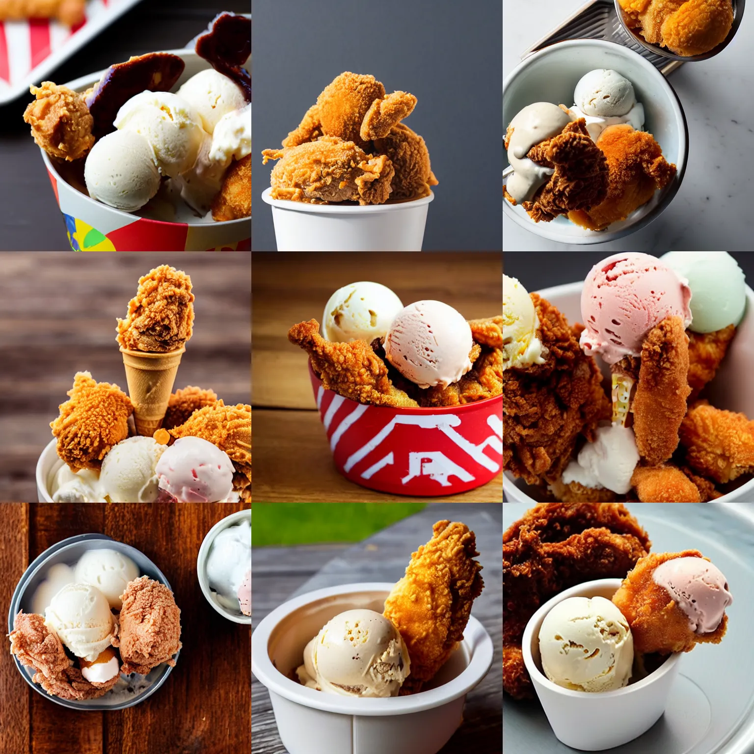 Prompt: ice cream with fried chicken in it