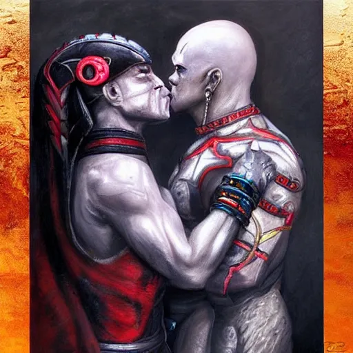 Image similar to kotal khan and quan chi from mortal kombat kissing, love wins, beautiful oil painting