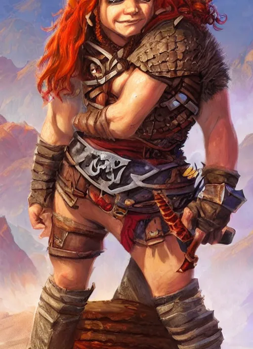 Image similar to halfling female barbarian, ultra detailed fantasy, dndbeyond, bright, colourful, realistic, dnd character portrait, full body, pathfinder, pinterest, art by ralph horsley, dnd, rpg, lotr game design fanart by concept art, behance hd, artstation, deviantart, hdr render in unreal engine 5