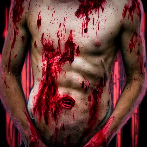 Image similar to ultra detailed photo of a man with many bloody arms covering his entire body