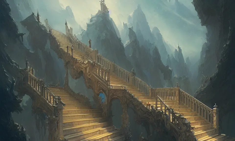Image similar to the magnificent staircase to heaven, art by greg rutkowski and peter mohrbacher, featured in artstation, octane render, cinematic, elegant, intricate, highly detailed, fantasy, concept art, sharp focus, illustration, 8 k