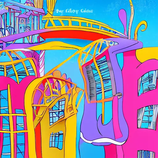 Prompt: fanciful city filled with curvy buildings, by dr seuss, on beyond zebra, arches, platforms, towers, bridges, stairs, colorful kids book illustration