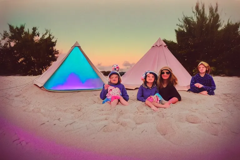 Image similar to a vintage family holiday photo of an empty beach from an alien dreamstate world with chalky pink iridescent!! sand, reflective lavender ocean water and a pale igloo shaped plastic bell tent. refraction, volumetric, light.