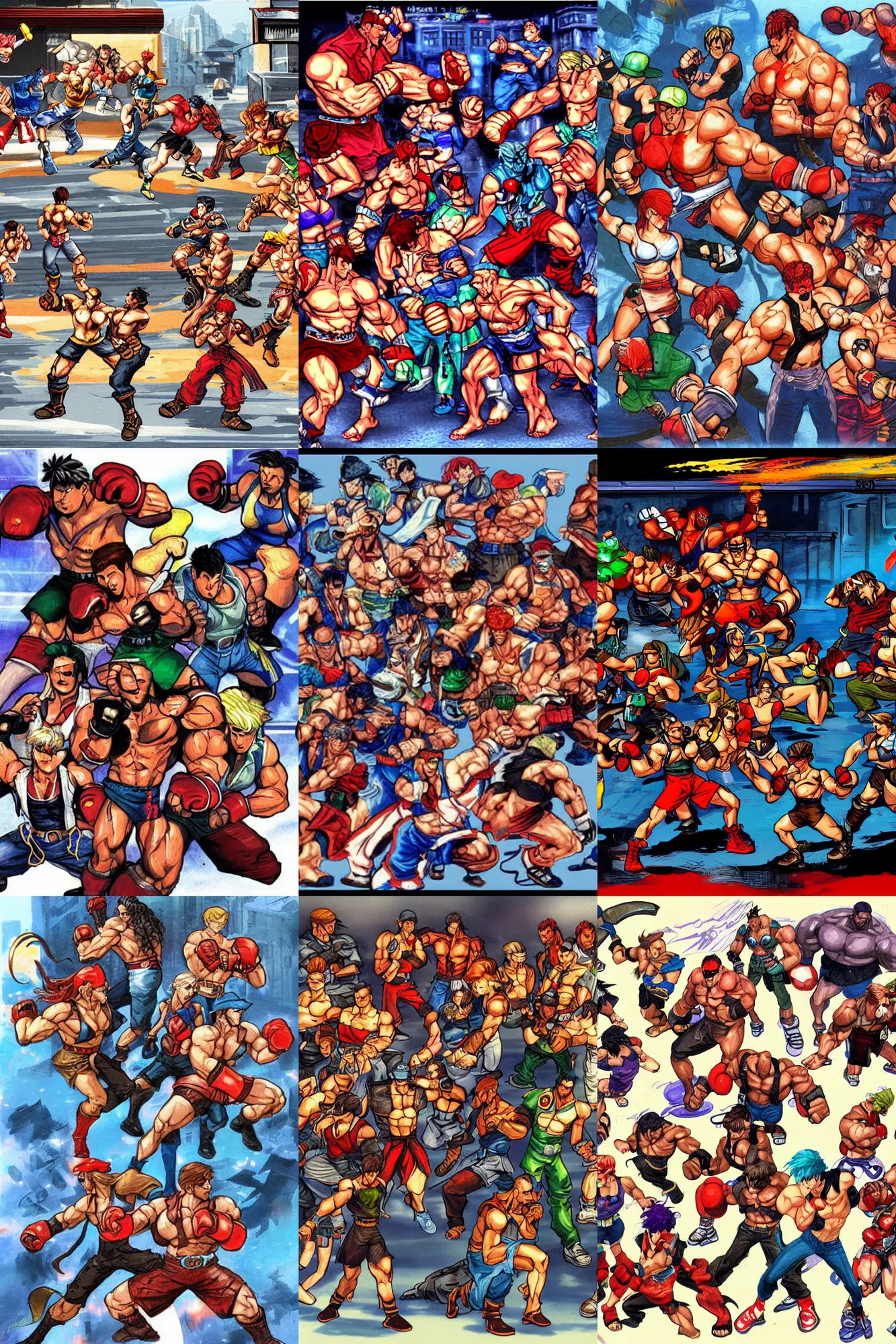 Prompt: concept art of fighters, by ben fiquet and streets of rage 4