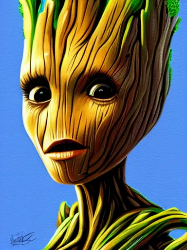 Image similar to groot girl, portrait, digital painting, elegant, beautiful, highly detailed, artstation, concept art