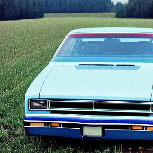 Prompt: A photograph of a beater!!!!!!!!! Powder Blue Dodge Aspen (1976) in a farm field, photo taken in 1989