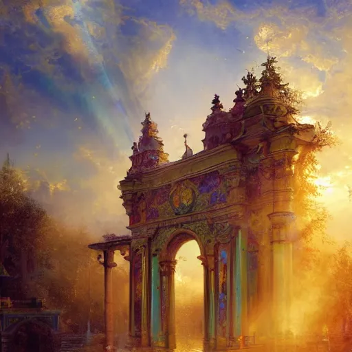 Image similar to beautiful colorful picture of the gates of heaven, volumetric lighting, 8 k octane beautifully detailed render, post - processing, extremely hyper - detailed, intricate, epic composition, cinematic lighting, masterpiece, trending on artstation, detailed detailed detailed, masterpiece, stunning art by anders zorn, wonderful masterpiece by greg rutkowski, beautiful cinematic light,