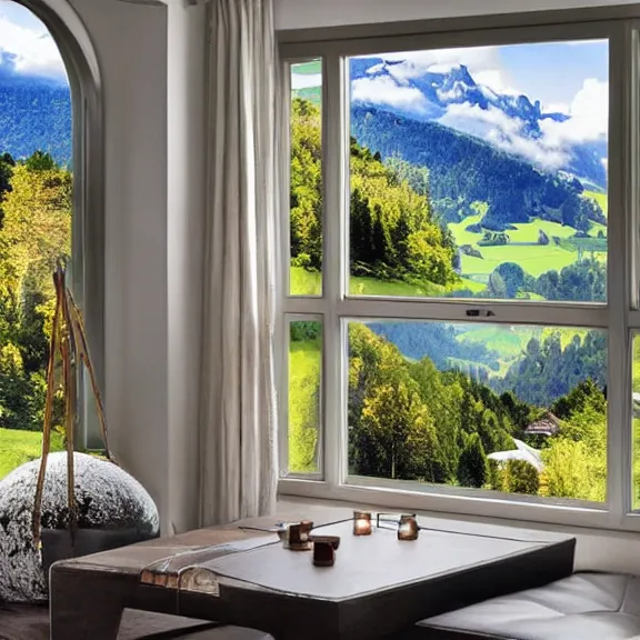 Image similar to fantastical living room with switzerland landscape in the window