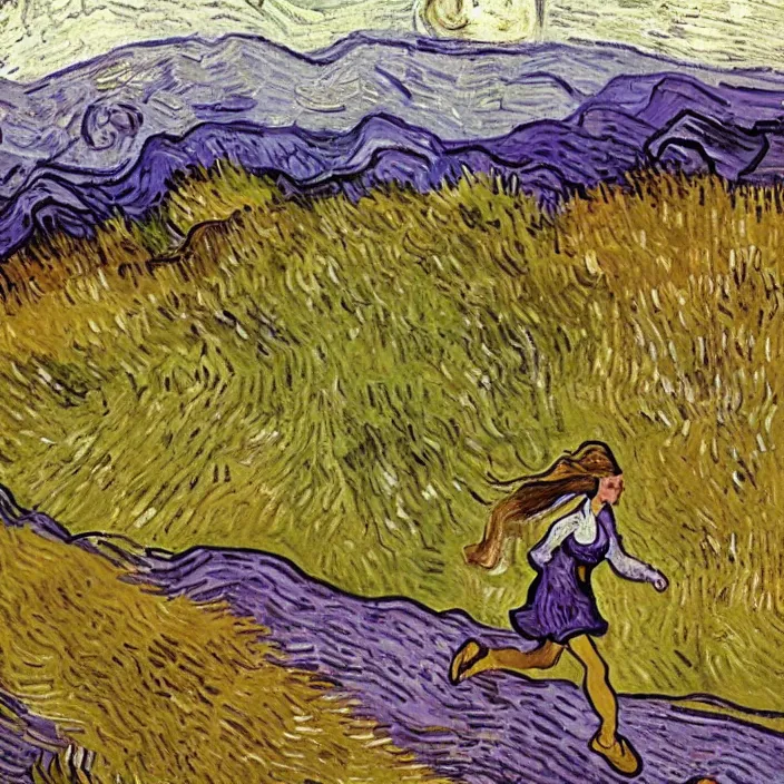 Image similar to woman with brown hair running up a hill, purple colors, painting by van gogh