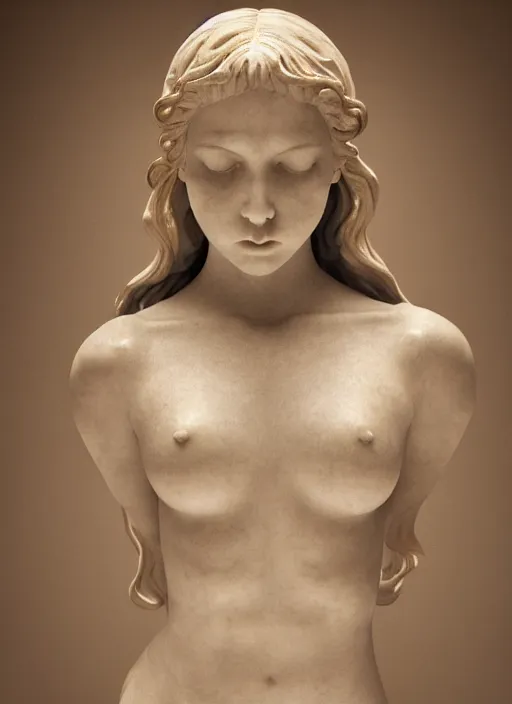 Image similar to a statue made of white marble with gold veins, of an beautiful gorgeous angel girl, full body shot, perfect symmetrical body, perfect symmetrical face, no eyes, hyper realistic, hyper detailed, fujicolor superia 1 6 0 0 photo, by johannen voss, by peter kemp, by monia merlo, by michelangelo octane render, blender, 8 k