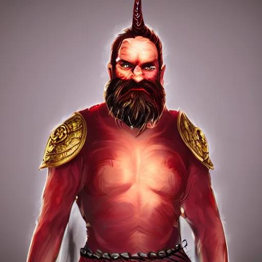 Image similar to dnd render of a man, red, a big black beard, completely golden eyes, 1 curved horn growing out of his forehead, one broken horn groing out of his forehead,