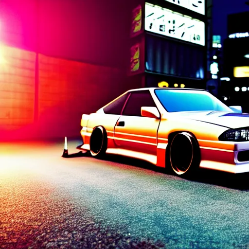 Image similar to a car Nissan Silvia at illegal car meet, Shibuya prefecture, city sunset, cinematic color, photorealistic, highly detailed