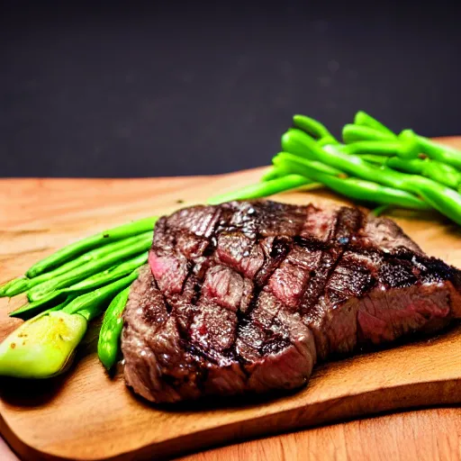 Image similar to juicy steak topped with salt on wooden board, fried onion on the side, 8 k resolution, professional food photography, studio lighting, sharp focus, center frame, hyper - detailed