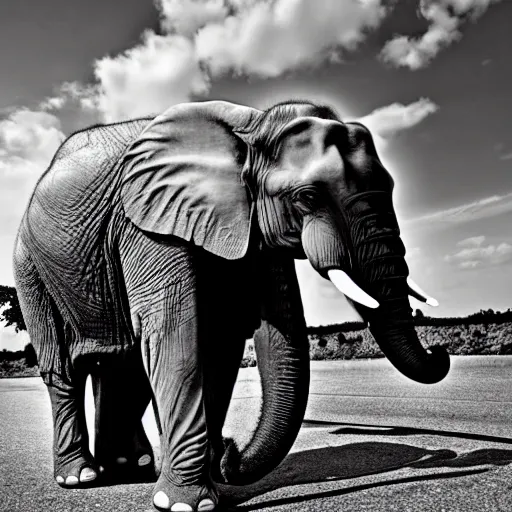 Image similar to picture of elephant riding a motorcycle, white and black, national geographic, award winning