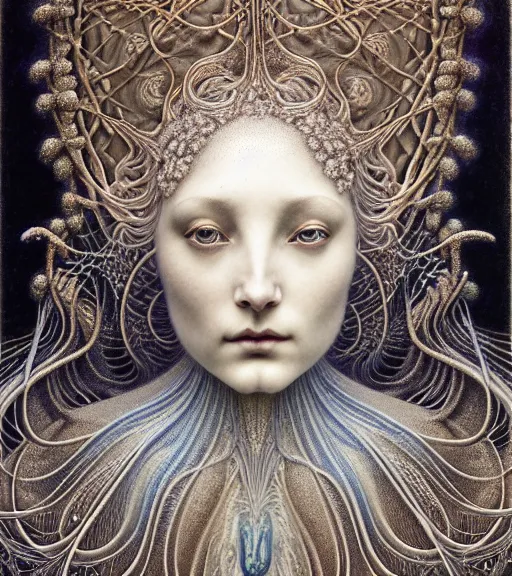 Image similar to detailed realistic beautiful ice goddess face portrait by jean delville, gustave dore, iris van herpen and marco mazzoni, art forms of nature by ernst haeckel, art nouveau, symbolist, visionary, gothic, neo - gothic, pre - raphaelite, fractal lace, intricate alien botanicals, ai biodiversity, surreality, hyperdetailed ultrasharp octane render