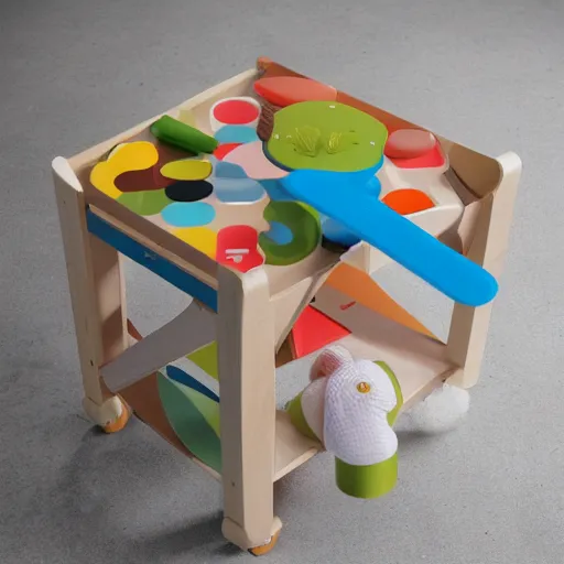 Prompt: a baby’s activity table by Fischer price and bekinski