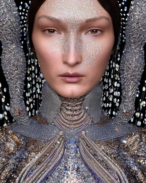 Image similar to a highly detailed metahuman 4 k close up render of a bella hadid as techno monument renaissance in iris van herpen dress schiaparelli in diamonds crystals swarovski and jewelry iridescent in style of alphonse mucha gustav klimt trending on artstation made in unreal engine 4