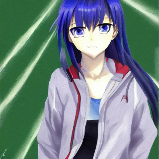 Prompt: rika furude from higurashi wearing techwear, oil on canvas